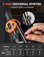 Professional Rivet Gun Kit with 5 Drill Bits & Magnetic Wristband - Heavy Duty Two-Handed Riveter for Metal, Gutter, Automotive - Includes 210 Assorted Rivets