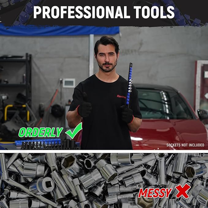 Magnetic Socket Organizer, 1-Piece Heavty Duty ABS Socket Holder, Socket Rail for Tool Box, Premium Quality 360° Swivel Socket Rack with 12 Clips for 1/2-Inch(Blue)