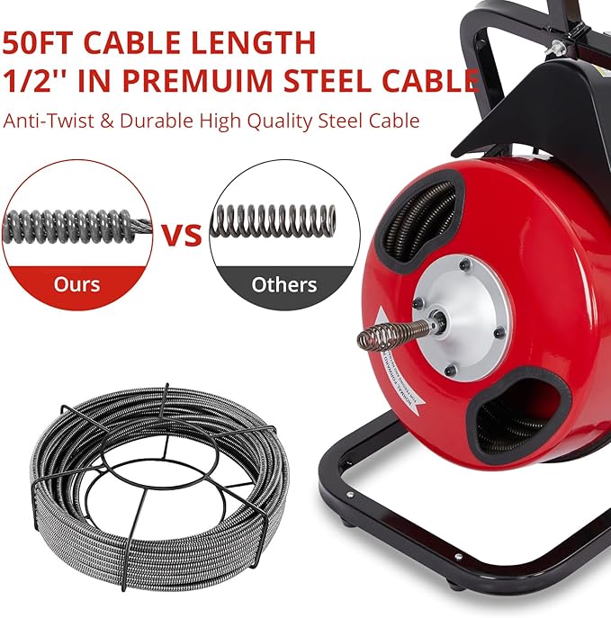 50 FT x 1/2 Inch Drain Cleaner Machine with 250W Motor, Manual Feed Sewer Snake Auger with 4 Cutters & Air-Activated Foot Switch, Semi-Enclosed Drum Drain Cleaning Tool for 2" to 4" Pipes