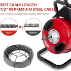 50 FT x 1/2 Inch Drain Cleaner Machine with 250W Motor, Manual Feed Sewer Snake Auger with 4 Cutters & Air-Activated Foot Switch, Semi-Enclosed Drum Drain Cleaning Tool for 2" to 4" Pipes