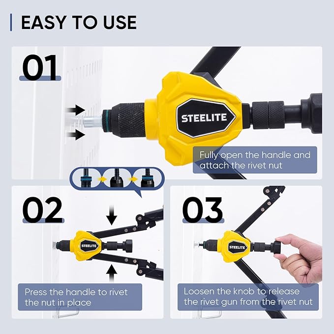 Steelite Foldable Rivet Nut Tool Kit, 15-Inch Rivnut Tool with 13 Metric and SAE Mandrels, Professional Hand Riveter with 105Pcs Rivnuts Assortment Kit
