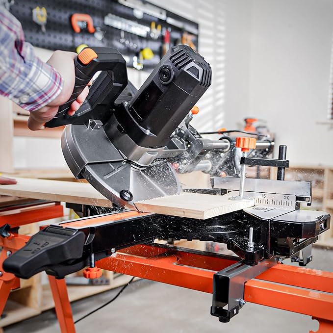 Updated 10-Inch Sliding Miter Saw, Multi-Material Cutting w/ 3 x TCT Blades, Ambidextrous Operation, 5000/3200RPM Speed, Laser Guide, 0-45° Bevel Cut, Max Cut 3.5x13.4in, 9 Positive Stops