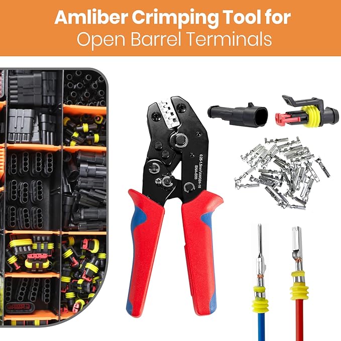 Wire Crimping Tool with Ratchet, Amliber Ratchet Wire Crimper Tool for Open Barrel Terminal Connectors, Electrical Crimping Tool for Deutsch DELPHI AMP Dupont TYCO Terminals, 24-14 AWG