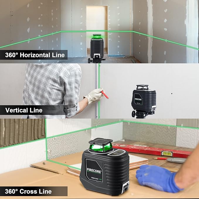 Firecore Self Leveling Laser Level, 360° Green Cross Line Lazer Level with Pluse Mode, 3 Brightness Adjustment Laser Leveler Tool for Hanging Shelves Cabinets Home DIY Project