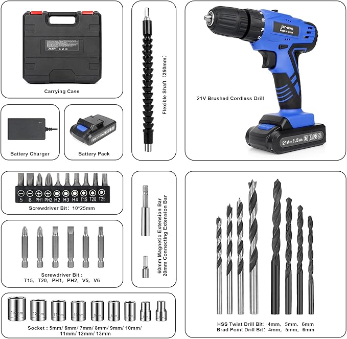 Jar-Owl 21V Cordless Drill, 350 in-lb Torque, 0-1350RMP Variable Speed, 10MM 3/8'' Keyless Chuck, 18+1 Clutch, 1.5Ah Li-Ion Battery & Charger for Home Tool Kit - Black & Blue
