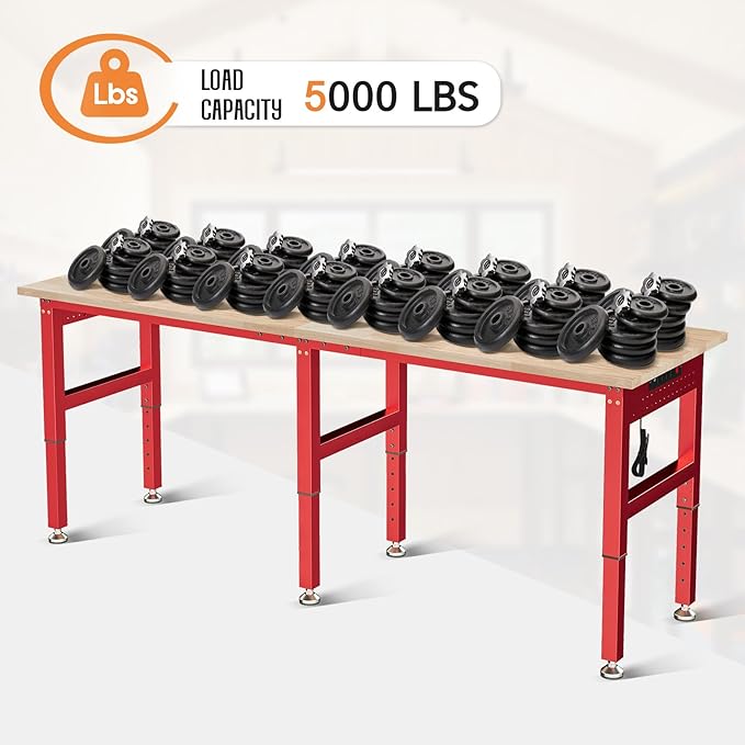 SPECRAFT 84" Red Adjustable Heavy Duty Workbench with 4 AC Outlet and 2 USB Ports Power Outlets, 5000 Lbs Capacity, Rubber Wood Top for Garage, Workshop, Office
