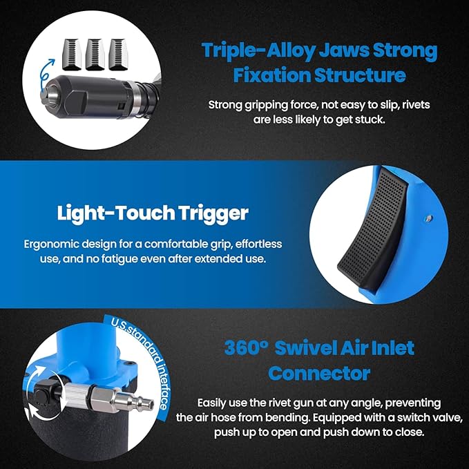 Pneumatic Rivet Gun Air Pop Riveter Tool Kit with 3/32", 1/8", 5/32", 3/16" Rivet Nozzles, Self-Suction Pneumatic Riveting Gun, Upgraded Air Riveter Hydraulic Pop Riveting Rivets Tool