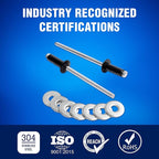 New Age America® 700pcs Blind Pop Rivets & Backup Washers | 3/32" to 1/4" | Black | 14 Sizes | SAE Size Aluminum Rivets & 304 Stainless Steel Backup Washers | Rivet Kit w Steel Mandrel | Labelled Case