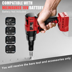 Rivet Gun Compatible with Milwaukee 18V Battery, Cordless Rivet Tool with 3 Size (1/8", 5/32", 3/16") Aluminum Rivets, Brushless Motor Rivet Gun Kit Nose Piece, Led Light, Tool Only