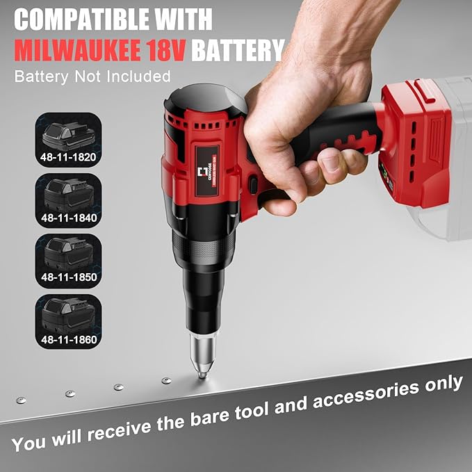 Rivet Gun Compatible with Milwaukee 18V Battery, Cordless Rivet Tool with 3 Size (1/8", 5/32", 3/16") Aluminum Rivets, Brushless Motor Rivet Gun Kit Nose Piece, Led Light, Tool Only