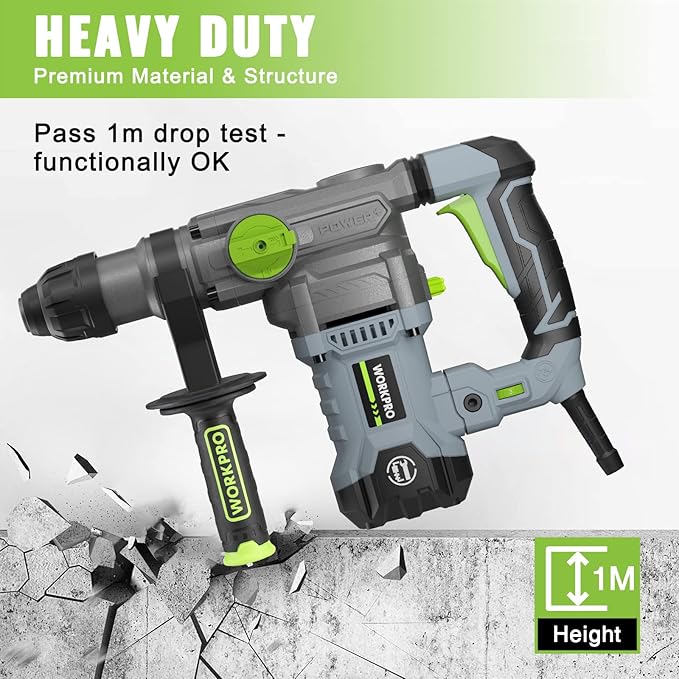 WORKPRO Premium 1-1/4 Inch SDS-Plus Rotary Hammer Drill, 12.5AMP, Heavy Duty Corded Version for Concrete Demolition Chipping Rotomartillo, 5 SDS-Plus Bits