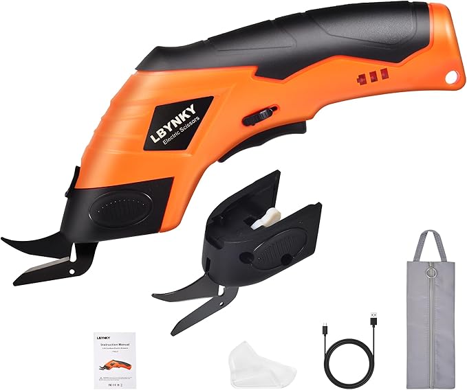 Cordless Electric Scissors, 3.6V Cardboard Cutter with 2 Blades, Rechargeable Electric Fabric Cutter with Safety Lock for Cutting Fabric Carpet Cardboard Leather (Orange)