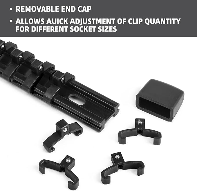 Socket Organizer Drive ABS Tools - Black Socket Holder, Premium Quality 12 Pieces Socket Holders Kit 1/4-Inch x 64 Clips, 3/8-Inch x 60 Clips, 1/2-Inch x 48 Clips（12PC,Black)