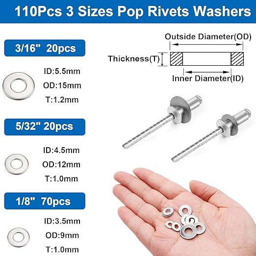 240pcs Steel Rivets with Washers 7-Sizes 304 Stainless Steel Pop Rivets Assortment Kit 1/8",5/32",3/16" for Metal,Furniture,Automotive,Instruments