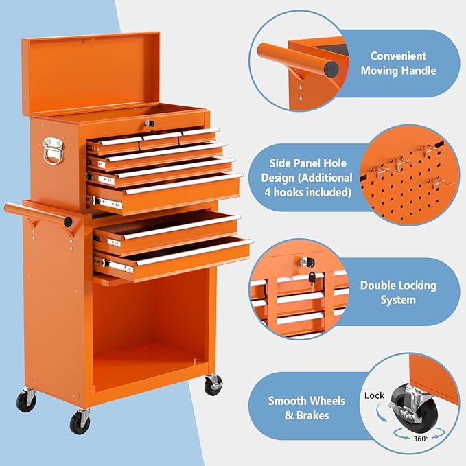 8 Drawer High Capacity Rolling Tool Chest, Metal Tool Box with Wheels and Drawers, Detachable Toolbox with Lock, Heavy Duty Tool Cabinet for Workshop, Warehouse and Garage (Orange)