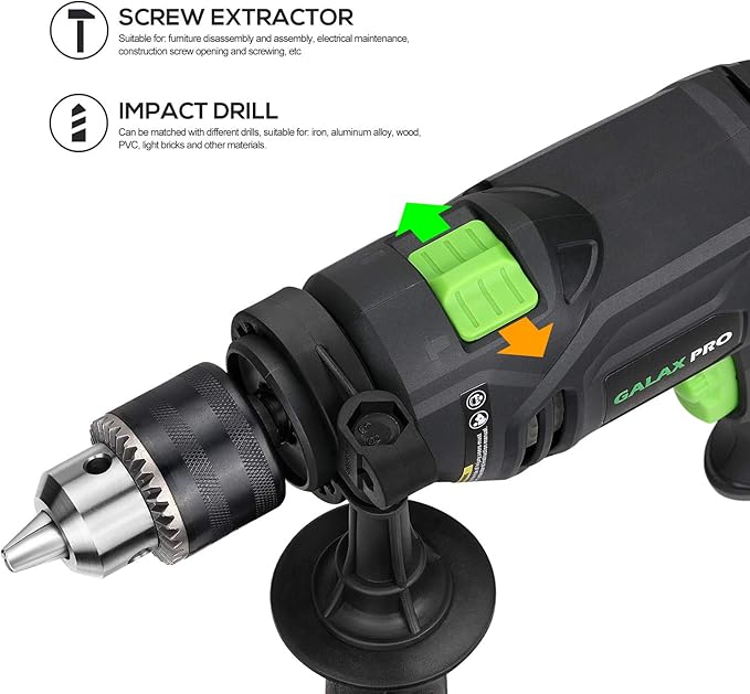 GALAX PRO 5Amp 1/2-inch Hammer Drill with 105pcs Accessories, Variable Speed 0-3000, Hammer and Drill 2 Functions in 1, 360°Rotating Handle, Depth Gauge, Carrying Case Included