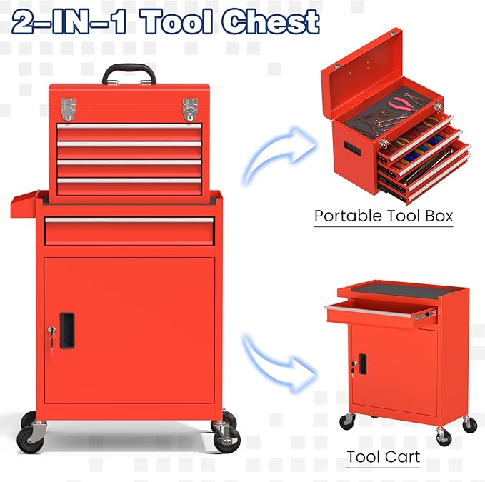 Rolling Tool Box with Wheels, 5-Drawer High Capacity Tool Chest with Wheels, Removable Storage Toolbox with Lock for Garage, Workshop