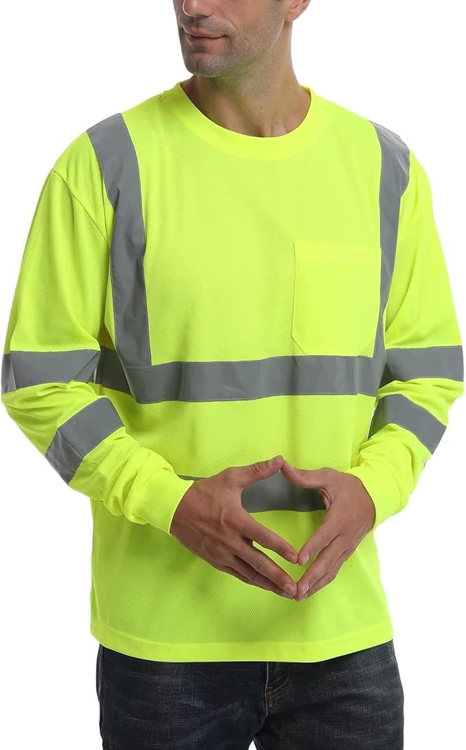 High Visibility Class 3 T Shirts, Hi Vis Safety Shirts with Reflective Strips and Pocket, Long Sleeve Quick Dry Mesh Construction Work Shirt for Men/Women Lime,3XL
