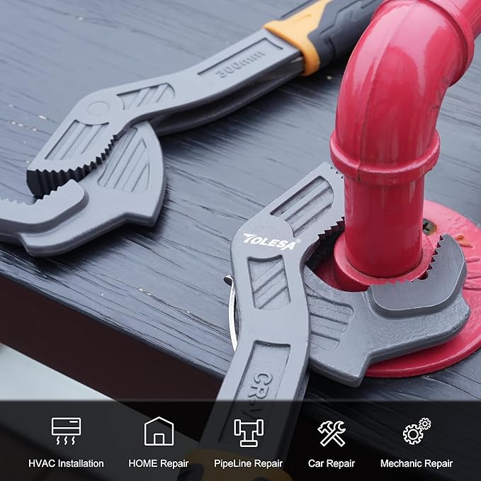 TOLESA Self Adjusting Pipe Vise Wrench, Wide Jaw 0.35"-1.7", 8” and 12” Pipe Wrench
