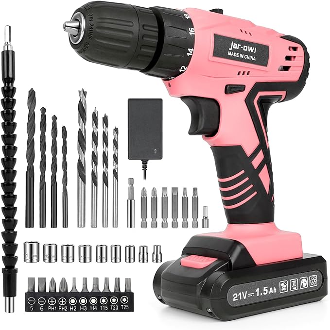 Jar-Owl 21V Pink Cordless Drill Set for Women，350 in-lb Torque, 0-1350RMP Variable Speed, 10MM 3/8'' Keyless Chuck, 18+1 Clutch, 1.5Ah Li-Ion Battery & Charger for Home DIY and Repair - Black & Pink
