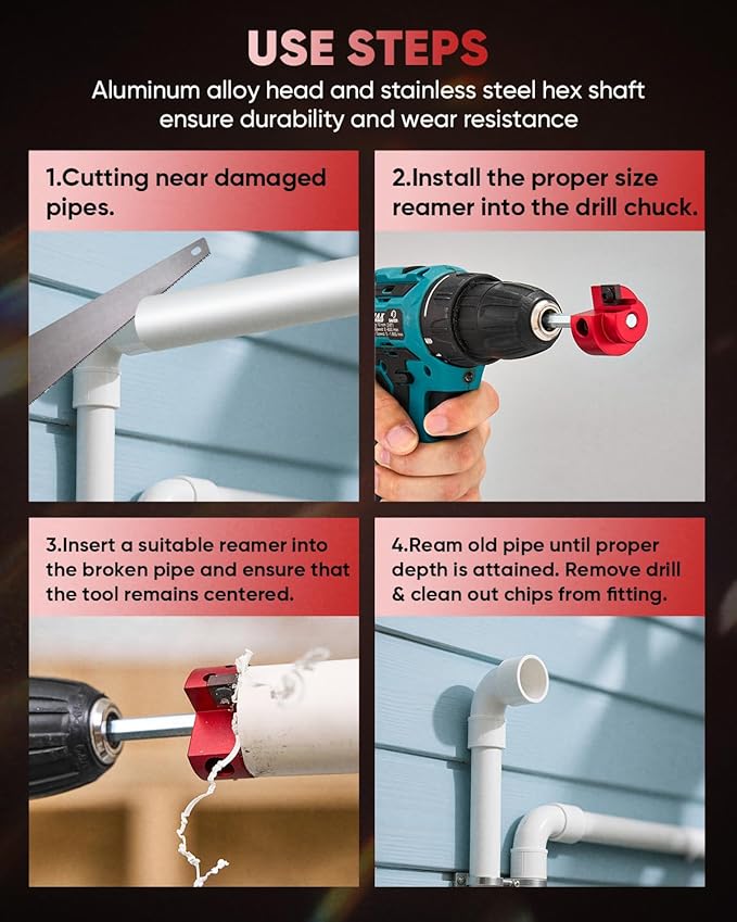 Saker PVC Pipe Reamer, PVC Fitting Saver with 3/4inch Head, For SCH40, ABS Pipe,CPVC Perfect for Plumbing Repairs, Fits Standard 1/2" Drill