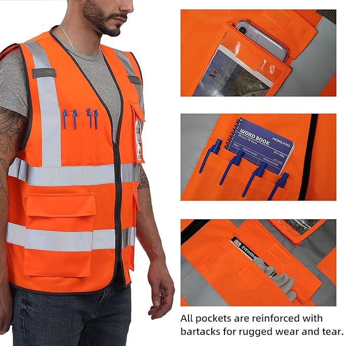 Dib Safety Vest Reflective ANSI Class 2, High Visibility Vest with Pockets and Zipper, Construction Work Vest Hi Vis Orange L