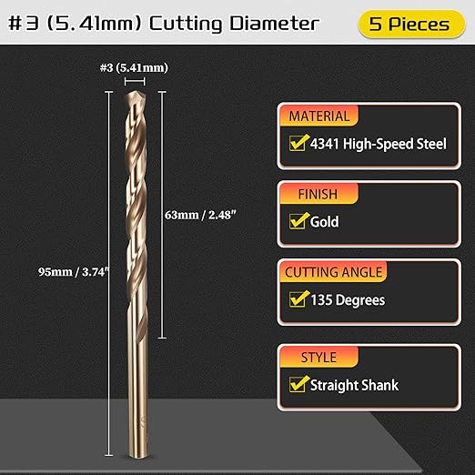 Drill Bit, #3 Cutting Diameter (5.41mm), 4341 HSS Gold Finish 135° Cutting Angle Number Jobber Bits - (Applications: for Drilling Soft Metal Plastic Wood), 5-Pieces