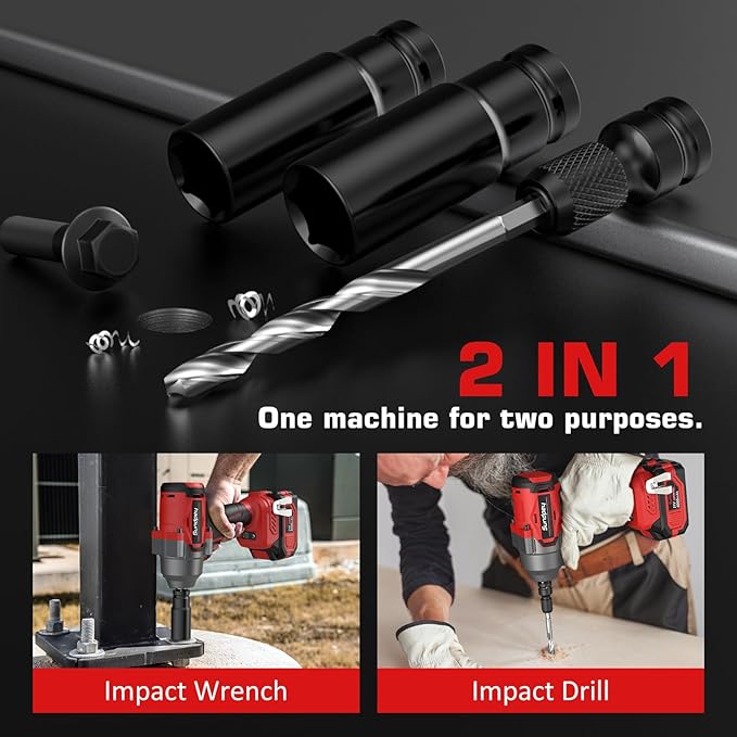Sundpey Cordless Impact Wrench 812Ft-lbs - 1100N·m Brushless High Torque Impact Gun with 2 * 4.0Ah Battery - 21V Power Impact Driver with 5 Sockets & 9 Drill Bits & 1/2" Hexagonal Adapter for Car Home