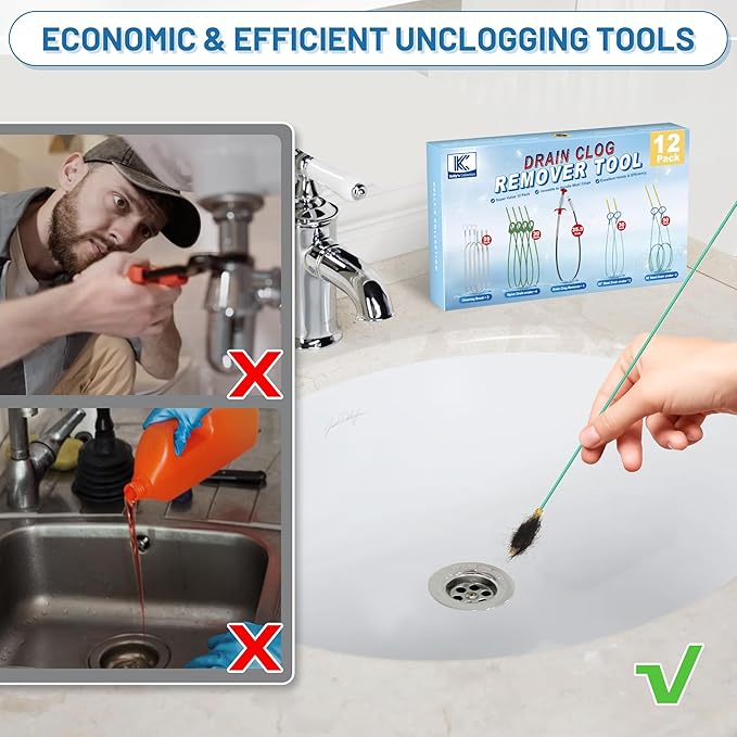 12 Pack Snake Drain Hair Removal Tools, 35.5" Drain Clog Remover, 30" & 50" Steel Shower Snake, 30" Nylon Sink Snake, 59" Sink Unclogger Tool, Sink Cleaner Tool for Toilet, Bathroom, Shower, Kitchen