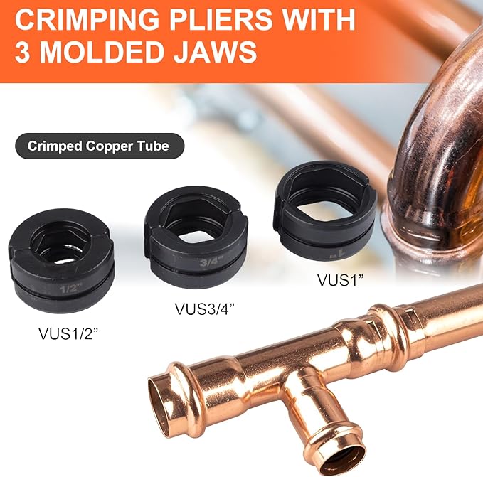 HZLZRZ ProPress Tool Copper Tube Fittings Hydraulic Copper Pipe Crimping Tool with 1/2,3/4 and 1 inch Jaws and Stainless Steel Pipe Cutter and Deburring Tool,Suit for Narrow Space and Tee Fittings