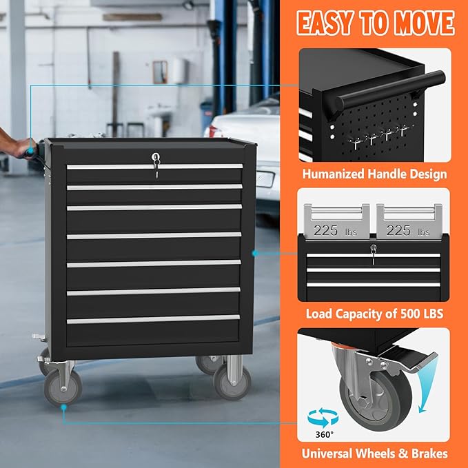 7-Drawer Rolling Tool Chest with Wheels, Metal Tool Box, Large Capacity Tool Storage Cabinet with Keyed Locking, Tool Organizer Box for Garage, Workshop, Warehouse (Black)