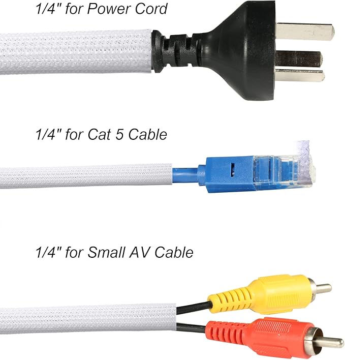 CrocSee 25ft - 1/4 inch Braided Cable Management Sleeve Cord Protector - Self-Wrapping Split Wire Loom for TV/Computer/Home Theater/Engine Bay - White