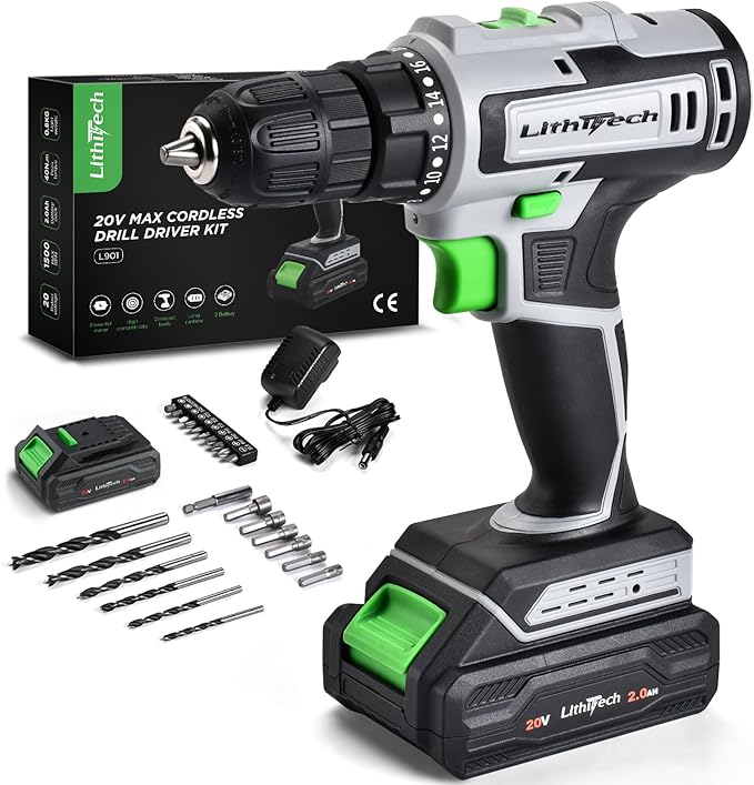 Cordless Drill Set, 20V Power Drill with Battery 2.0Ah and Charger, 3/8-Inch Keyless Chuck Electric drill, 18+1 Position, 2 Variable Speed, 380 In-lb Torque (Gray)