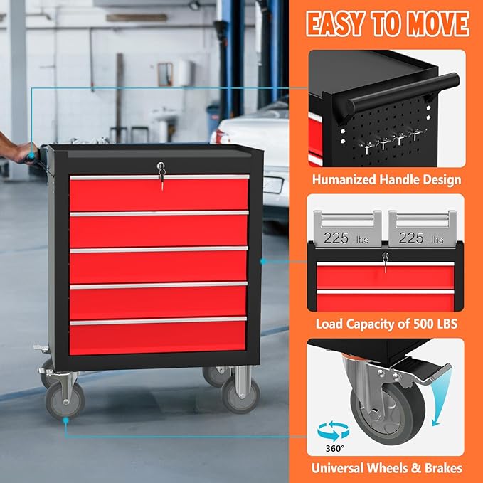5 Drawers Rolling Tool Chest, Large Capacity Metal Tool Box with Wheels and Drawers, Tool Storage Cabinet with Keyed Locking, Tool Organizer Box for Garage, Workshop, Warehouse (Black Red)