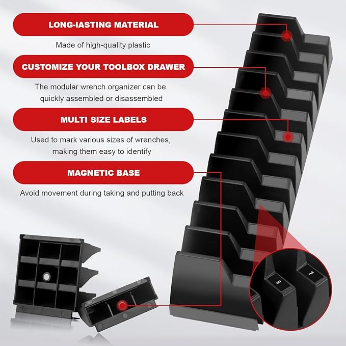 40PCS Magnetic Modular Wrench Organizers for Tool Drawers, Adjustable Wrench Storage Holder with Label for Tool Box and Drawer Organization