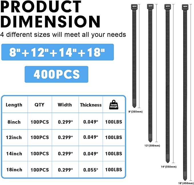 Zip Ties Assorted Sizes, RAZCC 400 Pack (8+12+14+18Inch) Black Cable Ties, Self-Locking Plastic Wire Ties with 100lb Tensile Strength, Black Nylon Zip Ties for Indoor and Outdoor