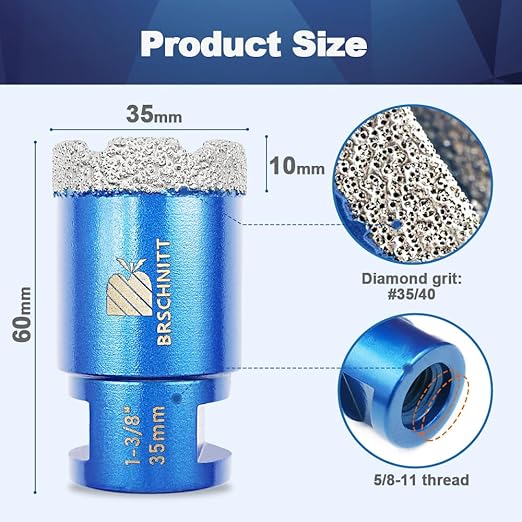 1-3/8 Inch Diamond Core Drill Bit for Porcelain Tile Ceramic Marble Granite Drilling,BRSCHNITT 2pcs Vacuum Brazed Diamond Hole Saw with 5/8-11 Thread (35mm 2pcs)