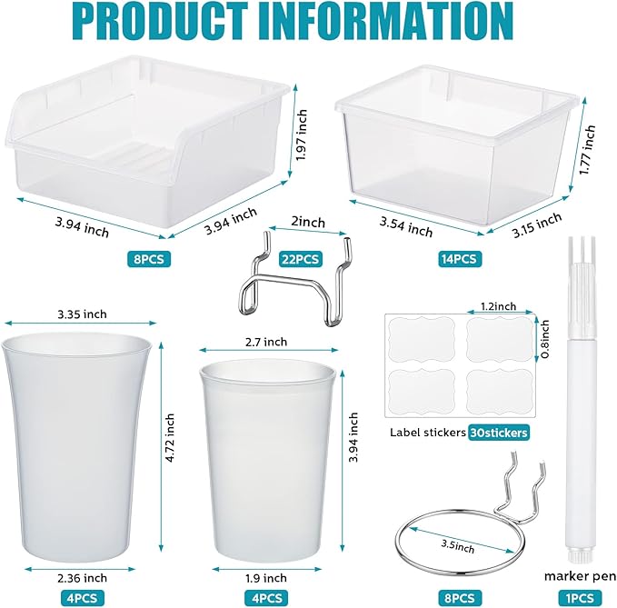 64 Pieces Pegboard Bins Pegboard Cups with Hooks and Loops Peg Hooks Assortment Organizer Accessory for Organizing Accessories Tools Storage Office Workshop Garage Workbench (Transparent)