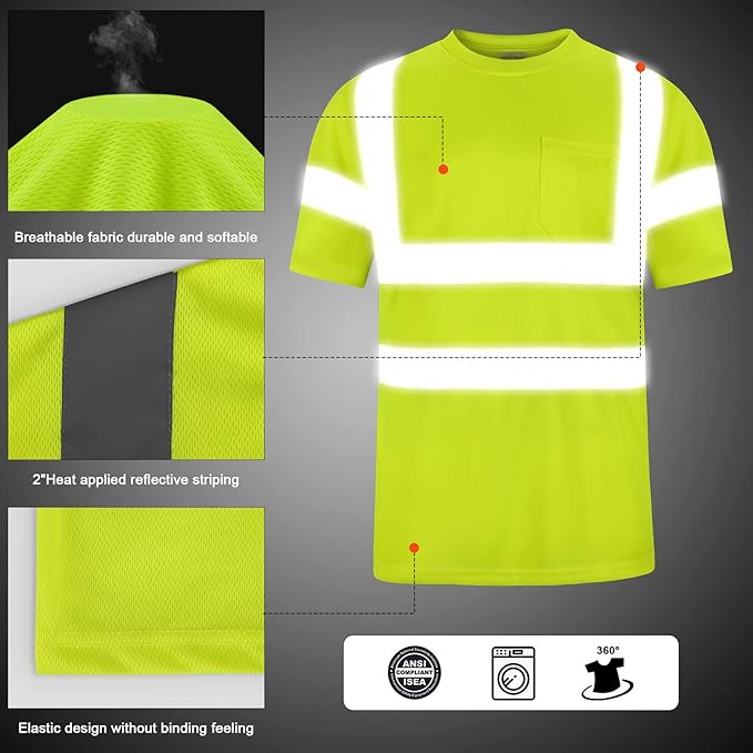 High Visibility Class 3 T Shirts，Hi Vis Safety Shirts with Reflective Strips and Pocket, Short Sleeve Quick Dry Mesh Construction Work Shirt for Men/Women Lime,Small