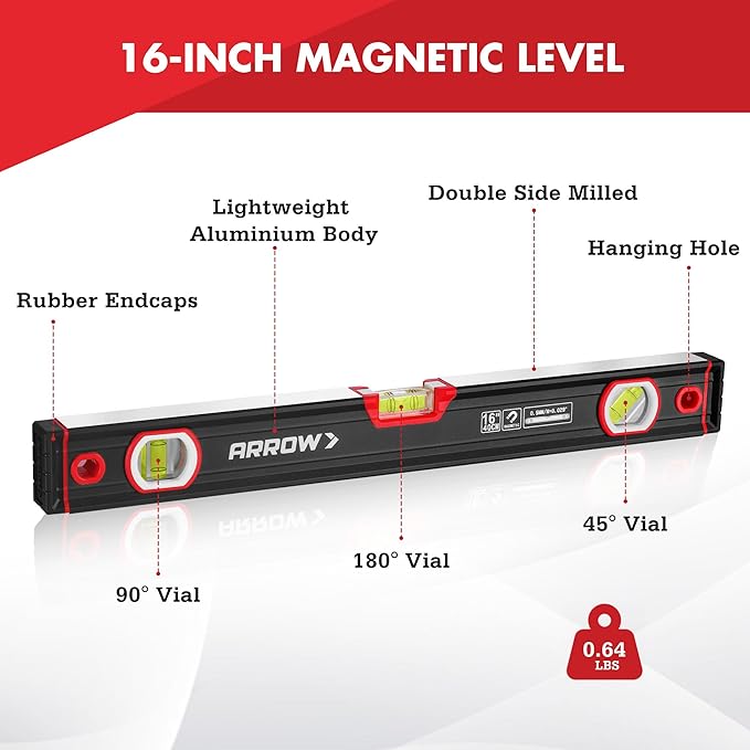 ARROW 16-Inch Level, Magnetic Torpedo Level with 45°/90°/180° Bubbles, Aluminum Alloy Body, Precision-Machined Base, Shockproof Rubber End Caps, V-Groove & Hanging Hole for Construction, Carpentry