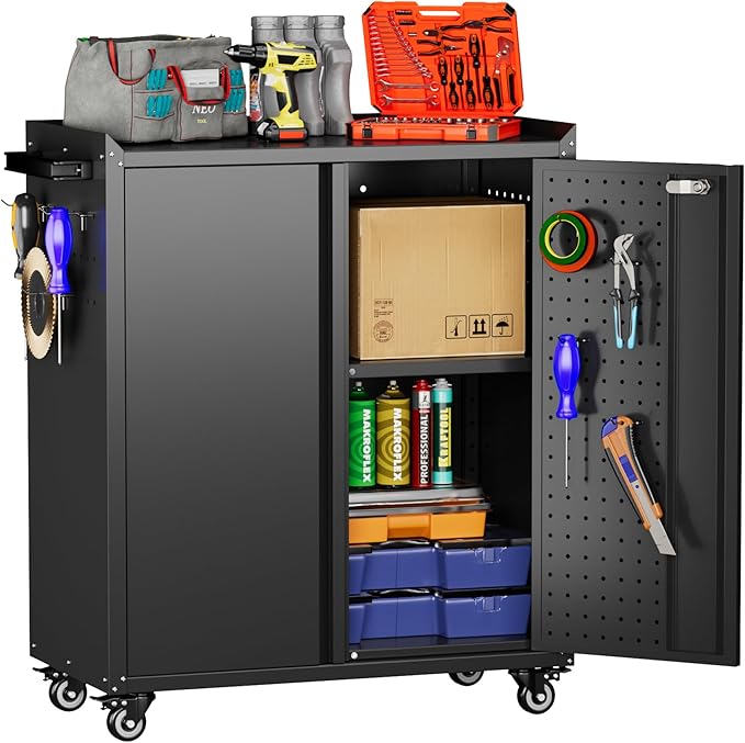 Garage Storage Cabinet with Wheels & Pegboard, 34.3" H Locking Metal Tool Storage Cabinet with Doors and Shelf & 4 Hooks for Garage, Home, Workshops, Assembly Required, Black