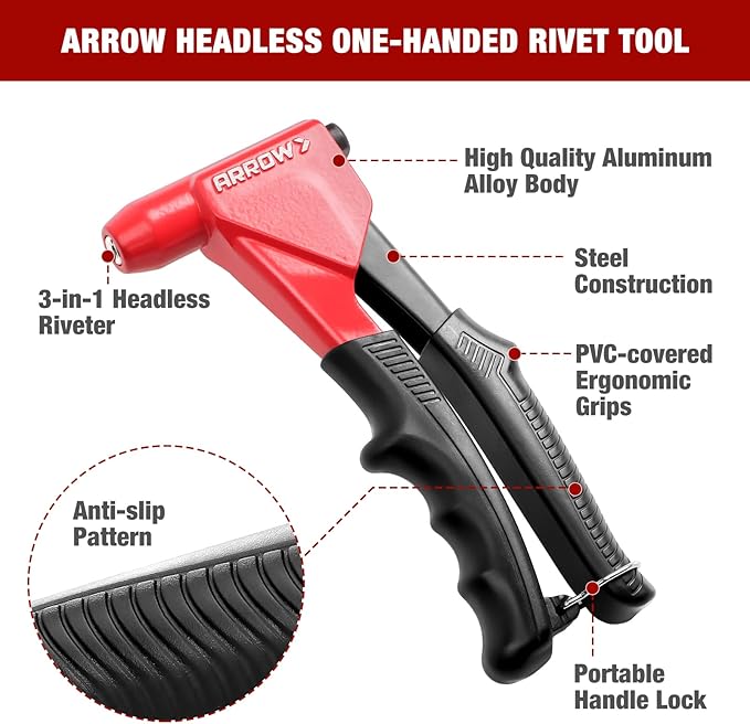 Arrow 3-in-1 Rivet Gun, One-Handed Headless Pop Rivet Gun Kit with 150Pcs Rivets, Professional Manual Heavy Duty Rivet Gun Kit Without Head Change, for Metal, Wood and Plastic