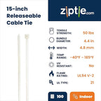 ZipTie.com 15-Inch Natural Releasable Pawl Zip Ties - 50-lb Tensile Strength Cord Management - UL Listed Reusable Cable Ties - UL 21 Listed, UV Resistant, Indoor & Outdoor Multi-Purpose (100-Pack)