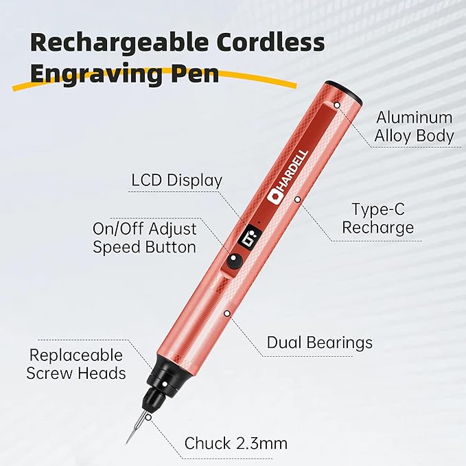 HARDELL Engraving Pen, 6 Speed, Rechargeable Engraver Pen for Artists & DIYers, Electric Engraving Tool with 41 Accessories, Engrave 60+ Surfaces, Engraving Pen for Metal, Wood, Glass and Plastic
