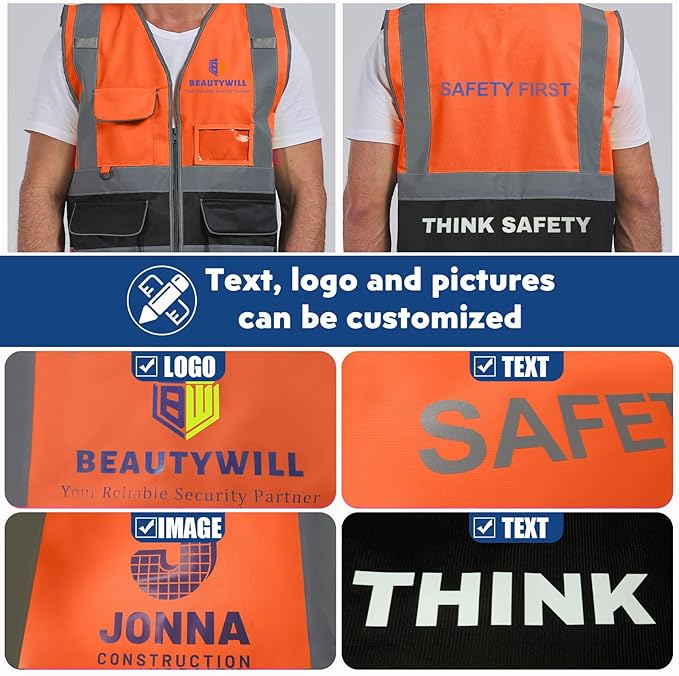 BeautyWill Custom Safety Vest Customized Logo Class 2 High Visibility Reflective Vest with Pockets Construction workwear
