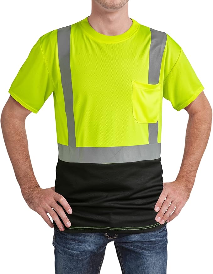 High Visibility Shirts Quick Dry Safety T Shirts with Reflective Strips and Pocket Short Sleeve Mesh Hi Vis Construction Work Class 2 Shirt for Men/Women Black Bottom Lime,4XL