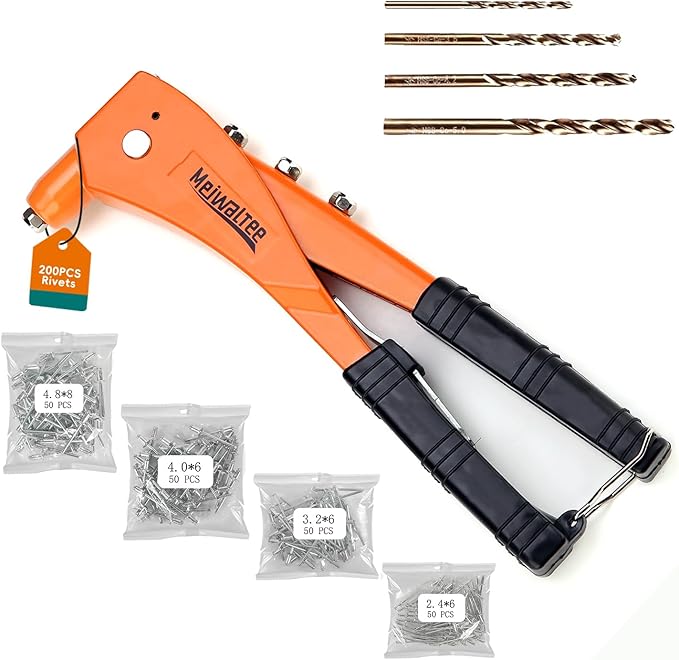 Meiwaltee Rivet Gun with 200PCS Rivets and 4 Drill Bits, Professional Aluminum Alloy Riveter, Heavy Duty Pop Manual Riveting Tool with 4 Interchangeable Heads for Metal, Wood and Plastic