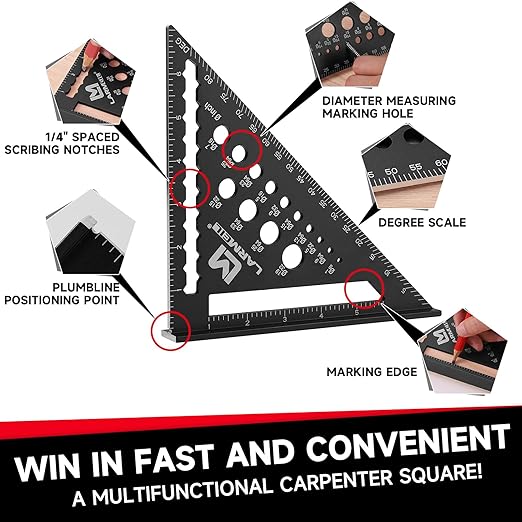 Carpenter Square 7 Inch Rafter Square Tool, Multi-Purpose Farming Carpenter Tools, Woodworking Square Laser Scales Anodized Ruler Body, Aluminum Metal Squares, Black
