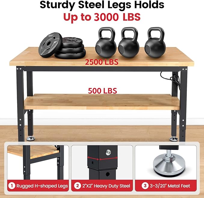 Adjustable Height Work Bench 60x 22 Workbench for Garage Work Table with Under Table Shelf for Shop Woodworking, Heavy Duty Rubber Wood Top for Office, Home, Commercial