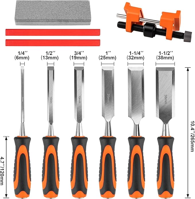10Pcs Wood Chisel Sets, 6Pcs Premium Wood Chisels with Honing Guide, Sharpening Stone & Carpenter Pencils, Wood Carving Tools Kit for DIY & Professional Use (6-38mm)